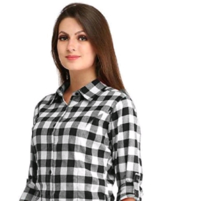 Women Black White Check Printed Cotton Shirt