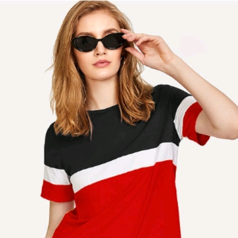 Women Black White Red Colour Block T-shirt