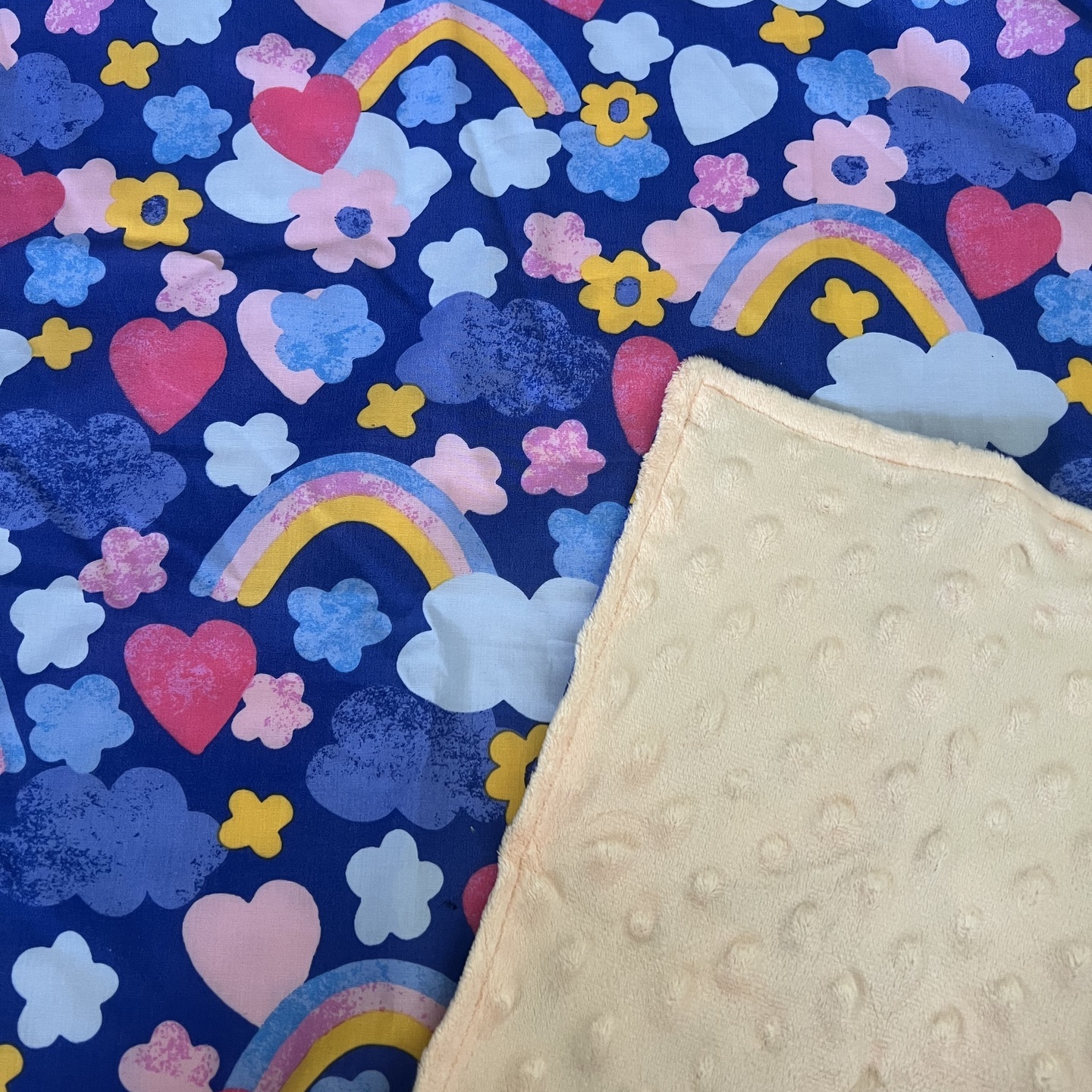 RAINBOW HEARTS IN CREAM MINKY
