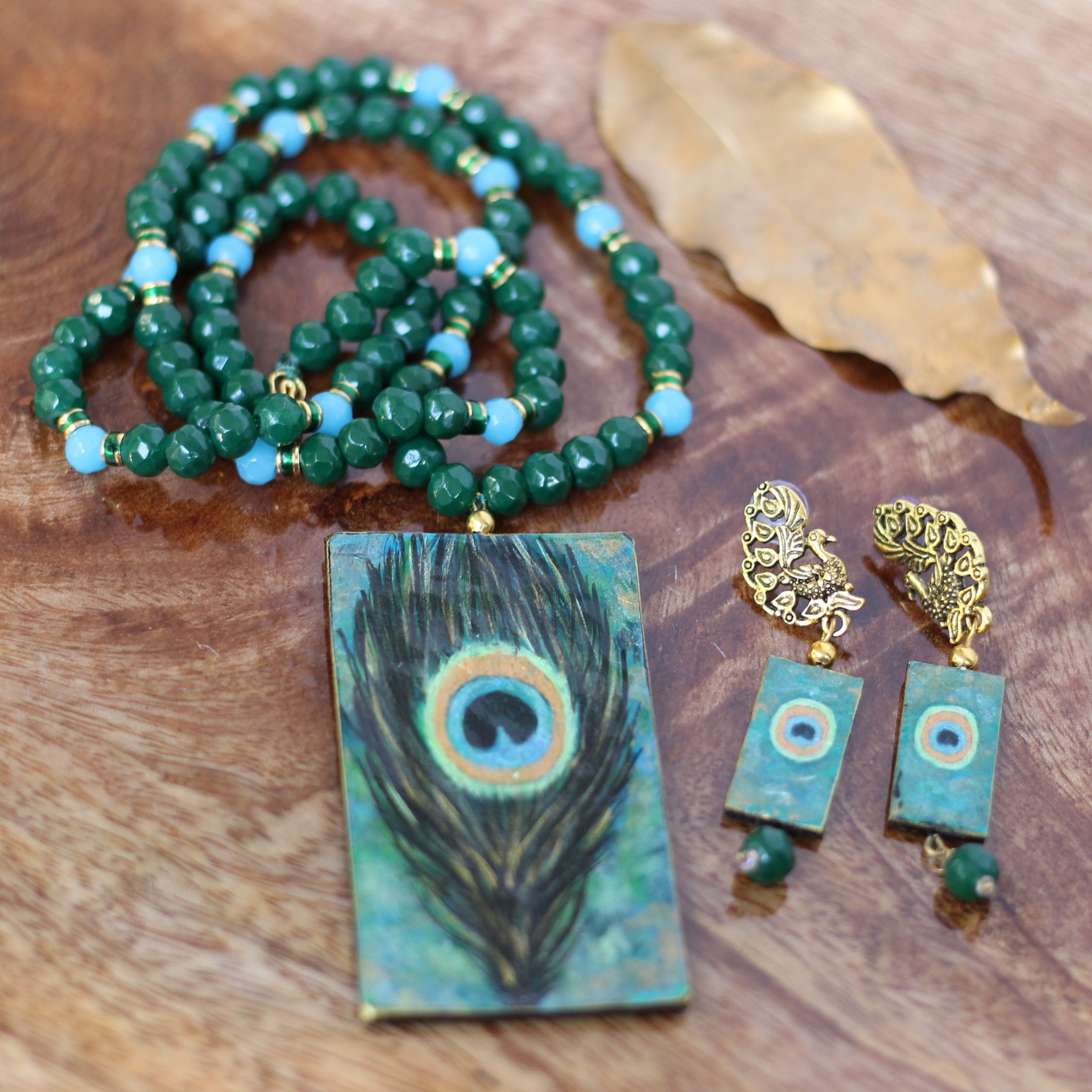 Hand Painted Peacock Feather Necklace Set