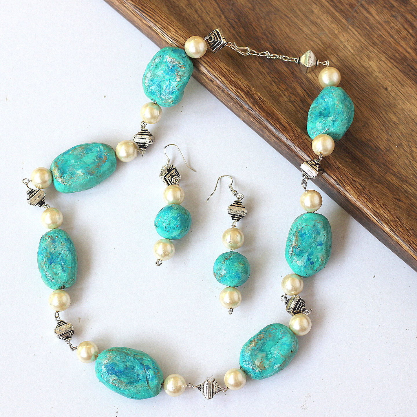Blue Paper Mache Jewellery Set