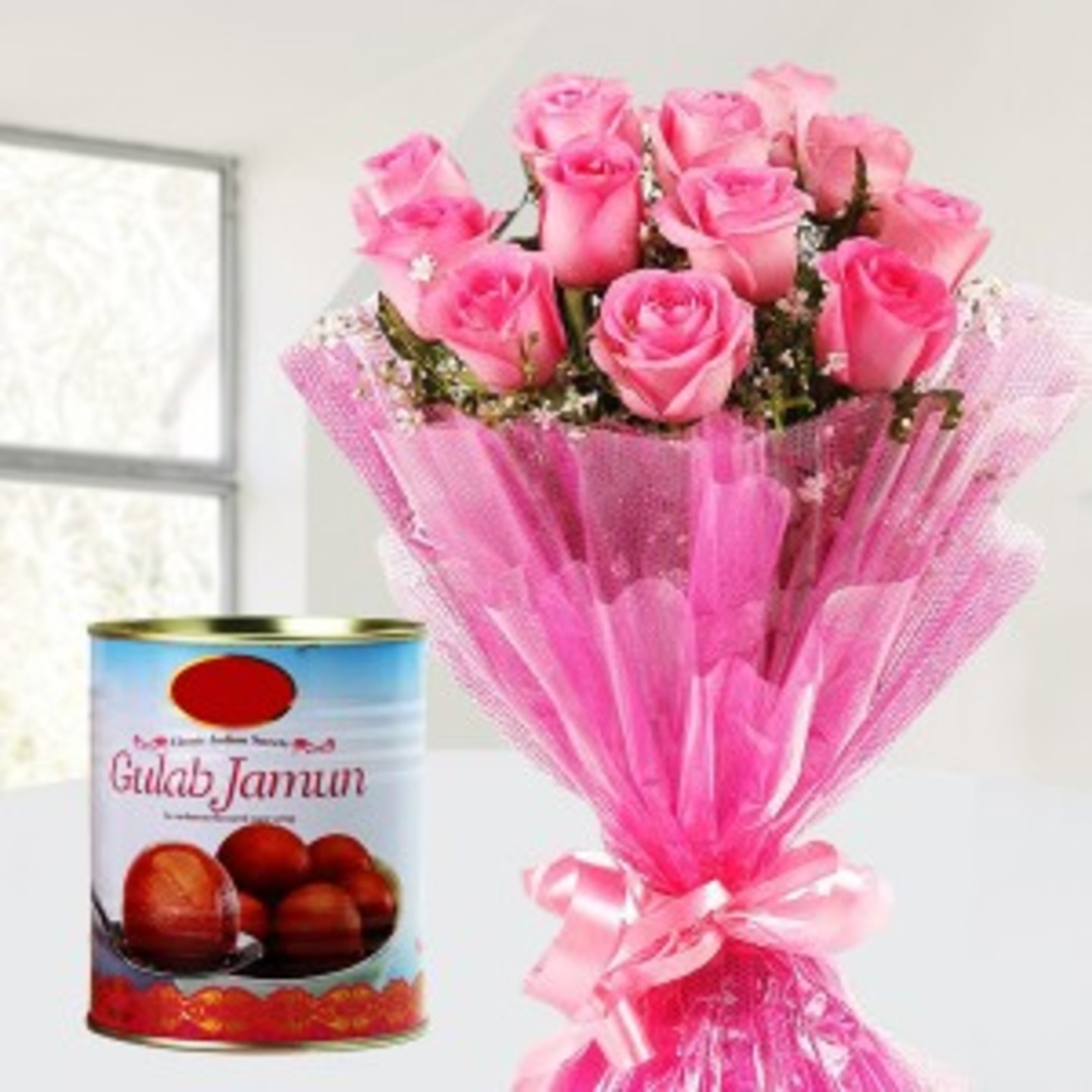 Pink Roses with Gulab Jamun Combo 