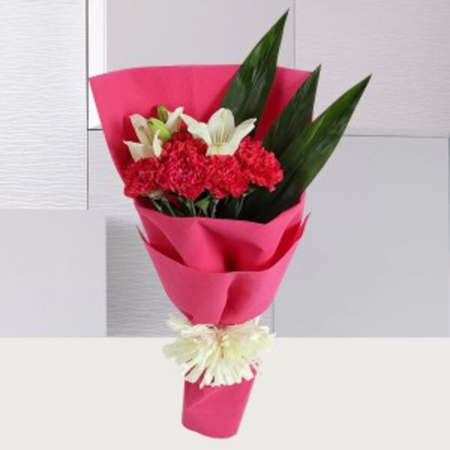 White Asiatic Lilies N Carnations Bunch