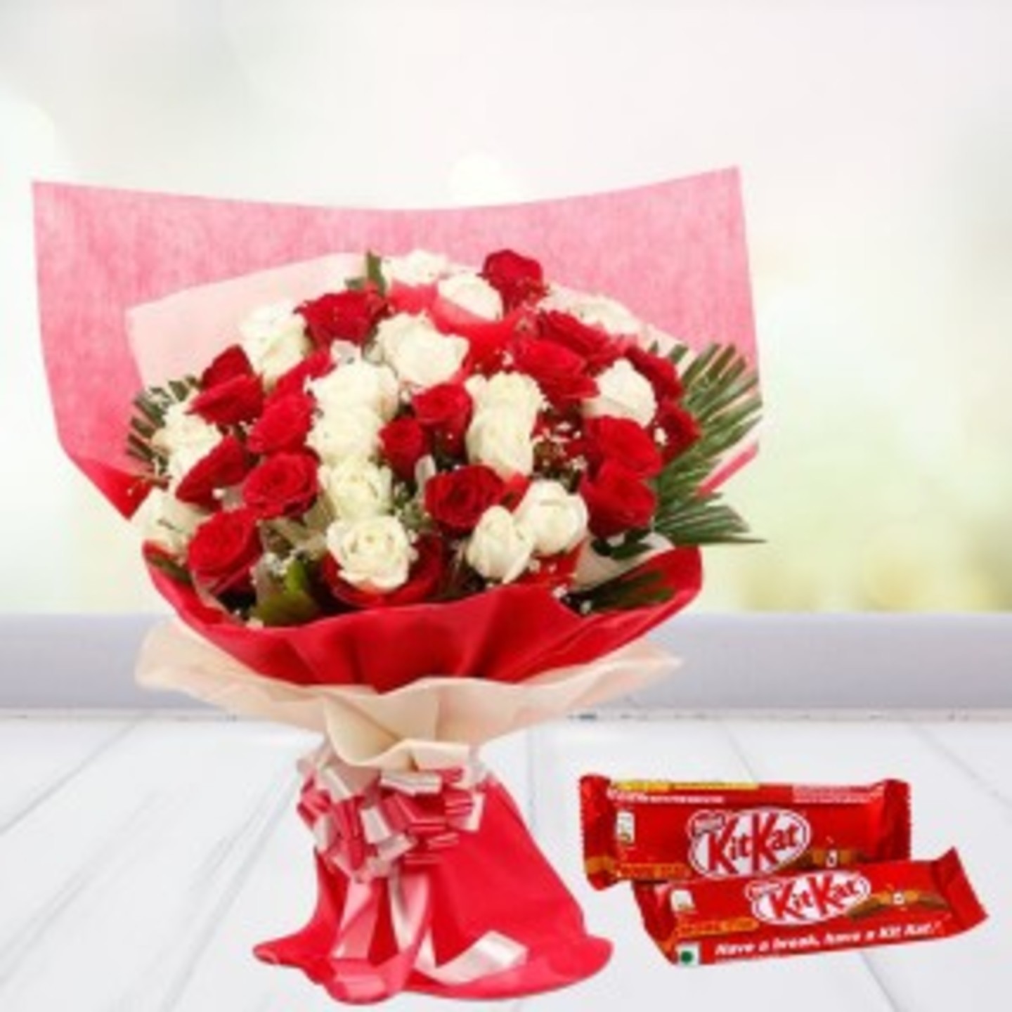 White N Red Roses With KitKa