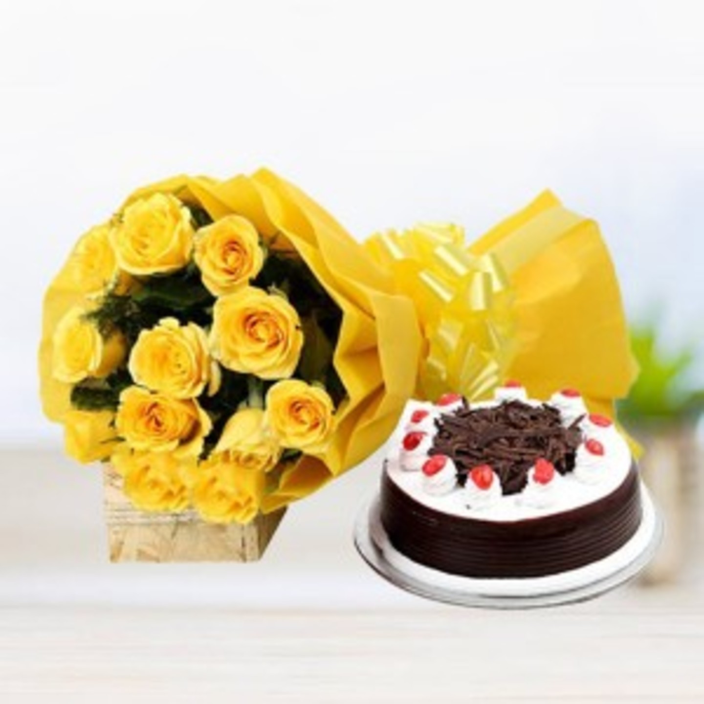 Yellow Roses with Black Forest Cake 