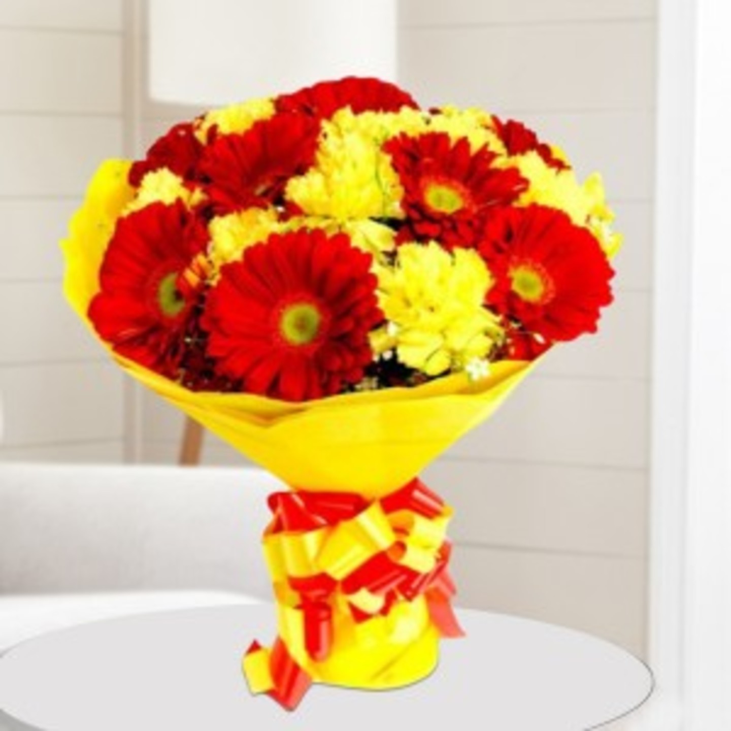 Red and Yellow Flower in Yellow Paper Paking