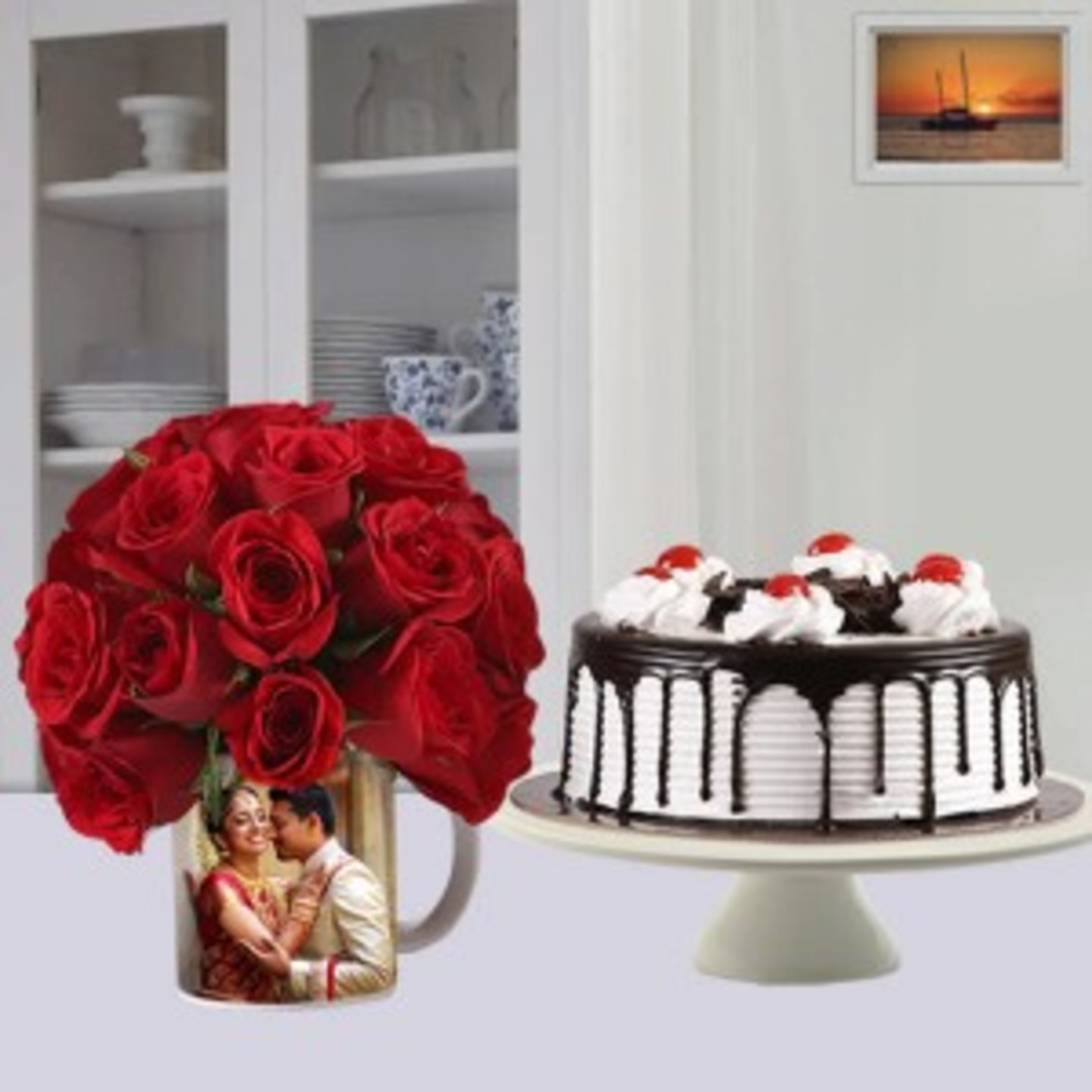 black forest cake with 20 red roses with mug 21