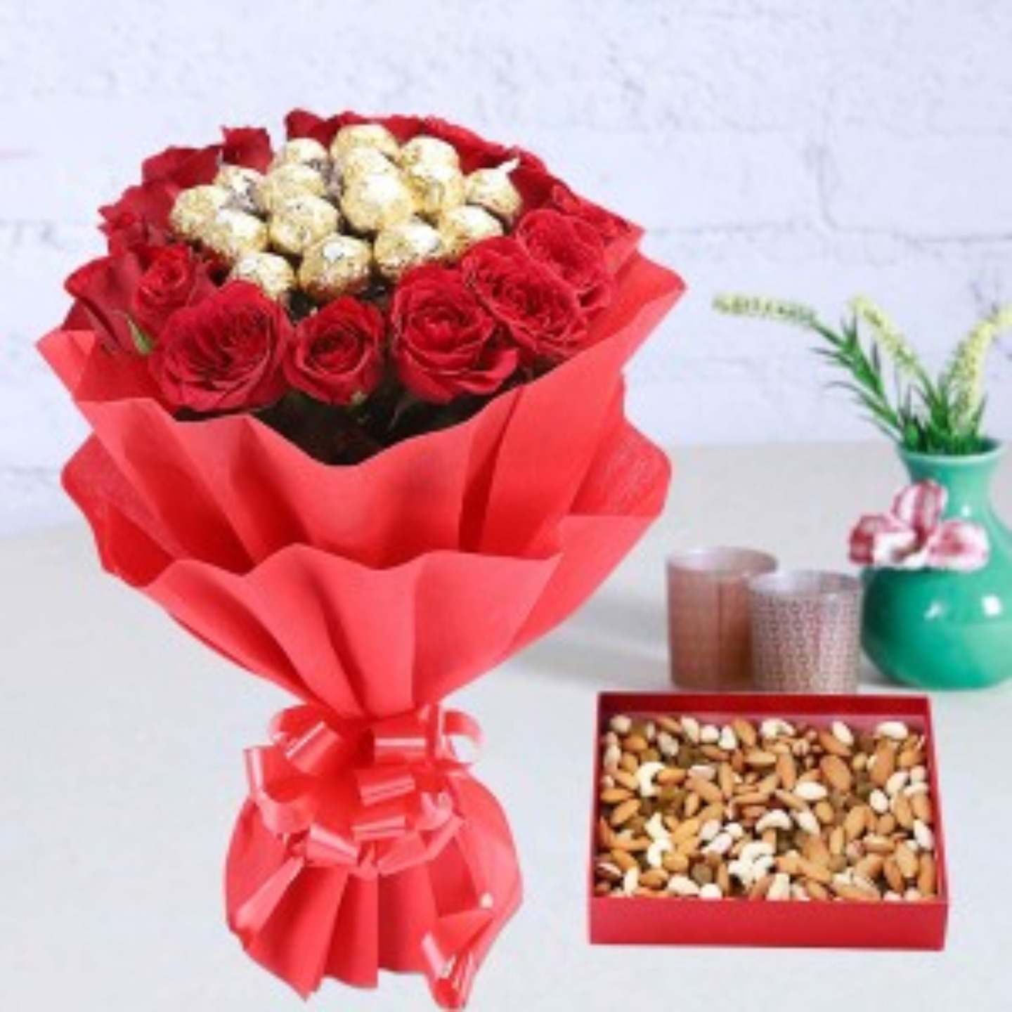 Flowers chocolate and dry fruit pack 