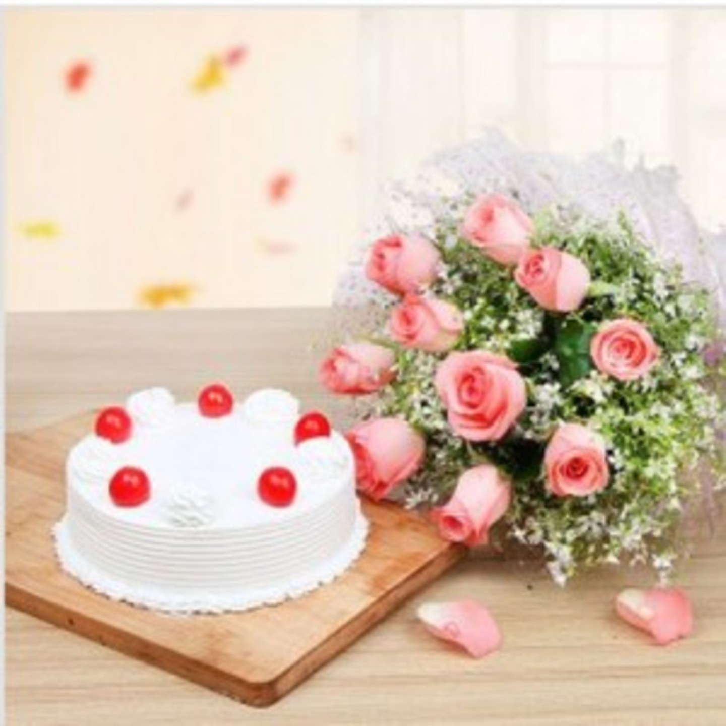 Vanilla cake and 6 pink roses bunch 