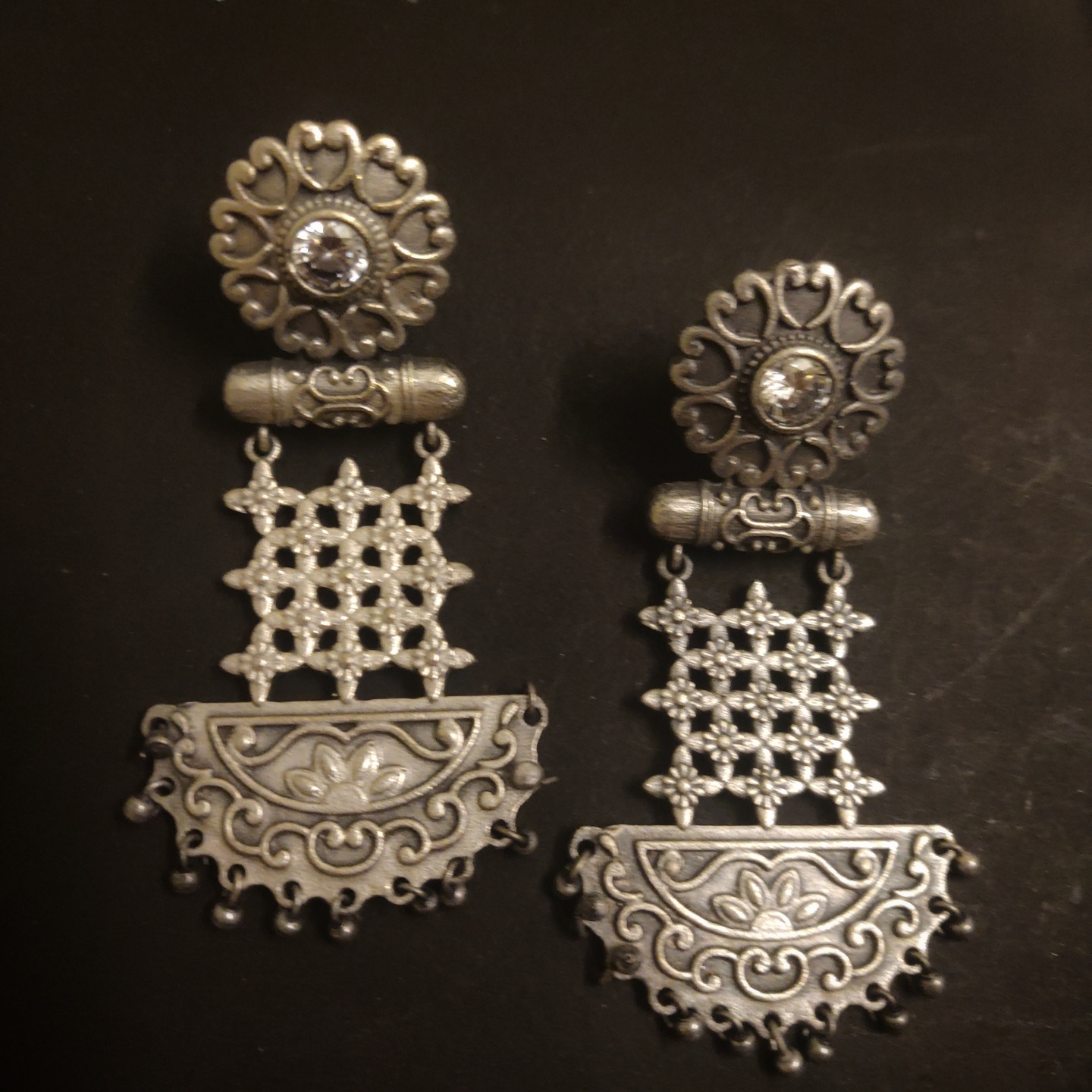 Stone Encrusted Ear Danglers in Silver Replica