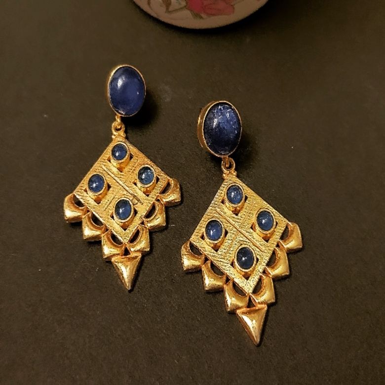Gold Finish Earrings with Blue Stone