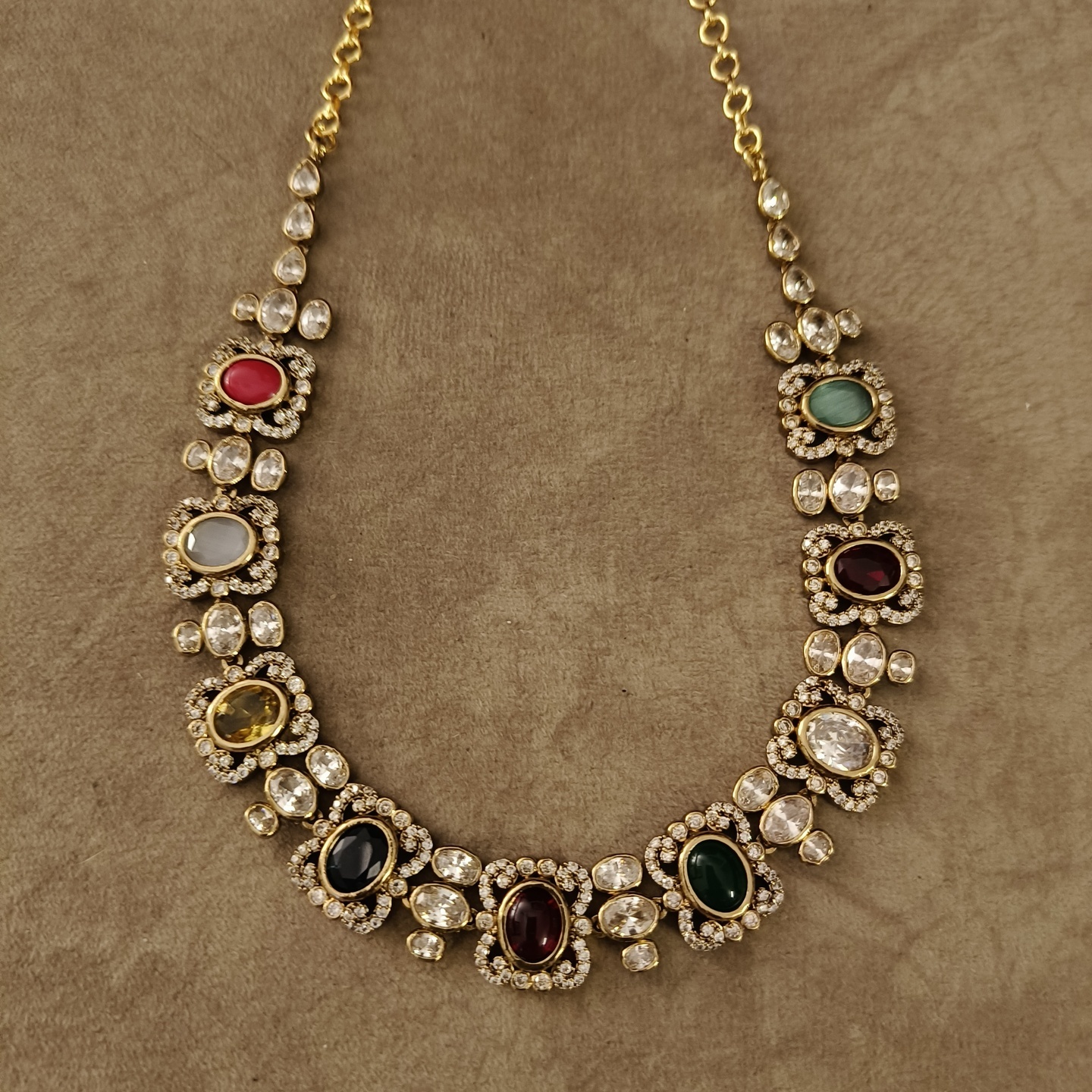 Multi Colored Stone Necklace in Antique Gold Finish