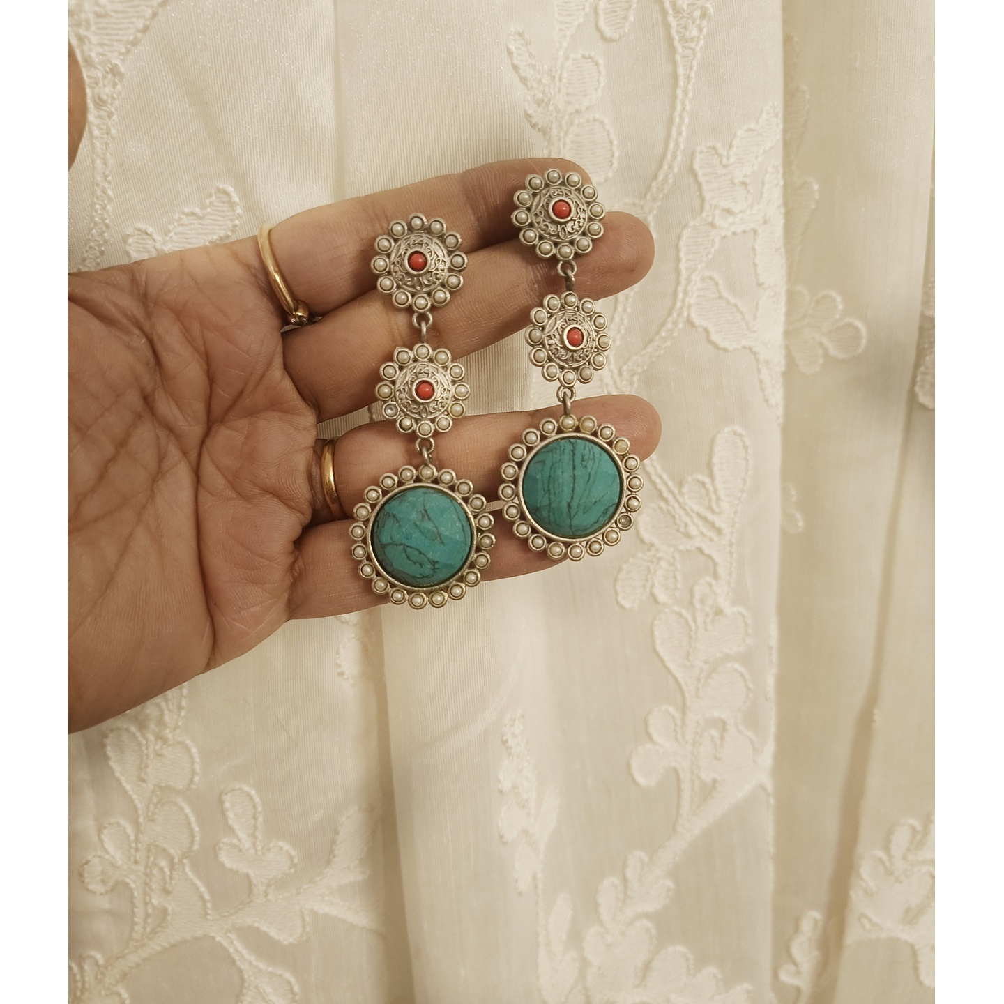 Turquoise and Coral Bead Earrings