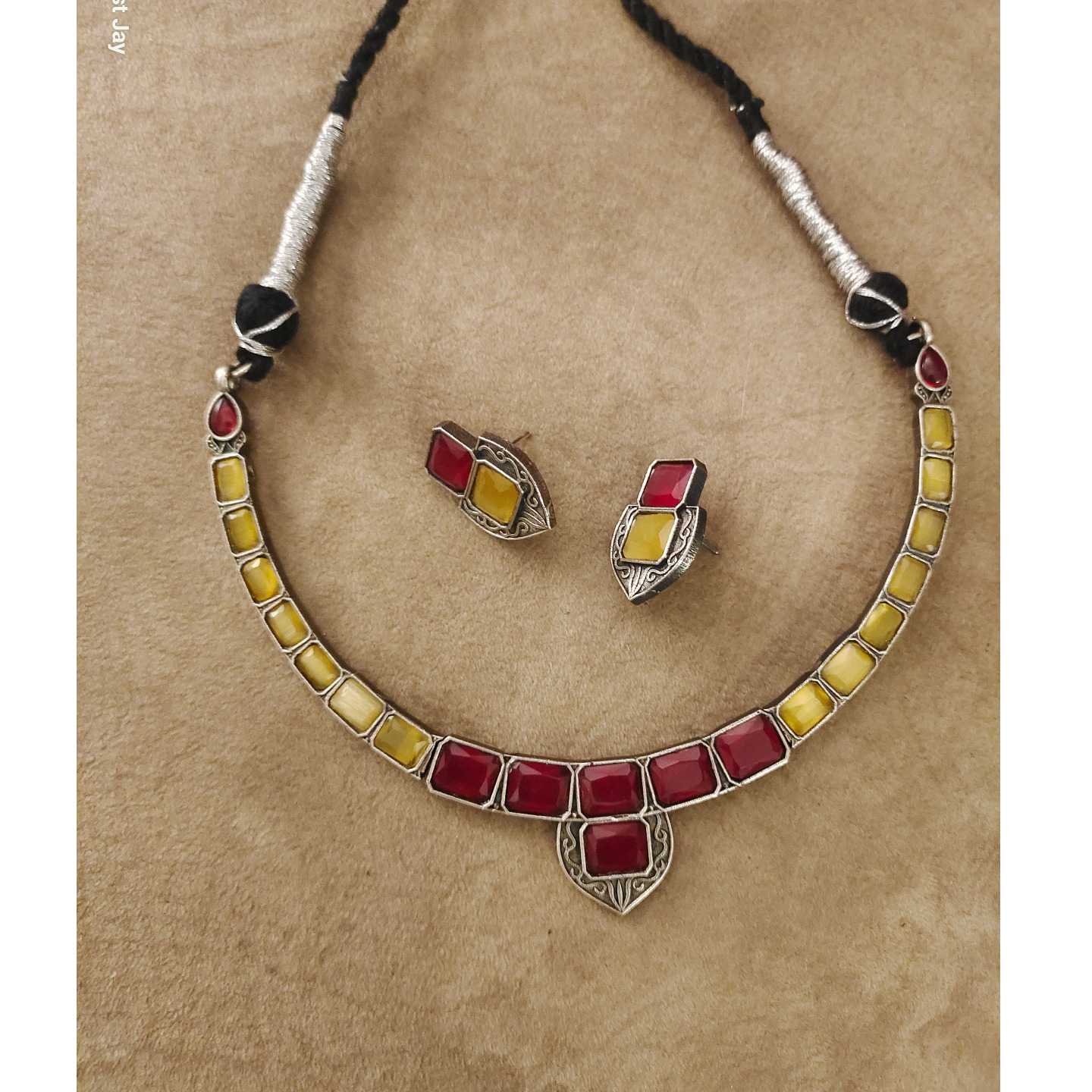 Red & Yellow Necklace in Silver finish