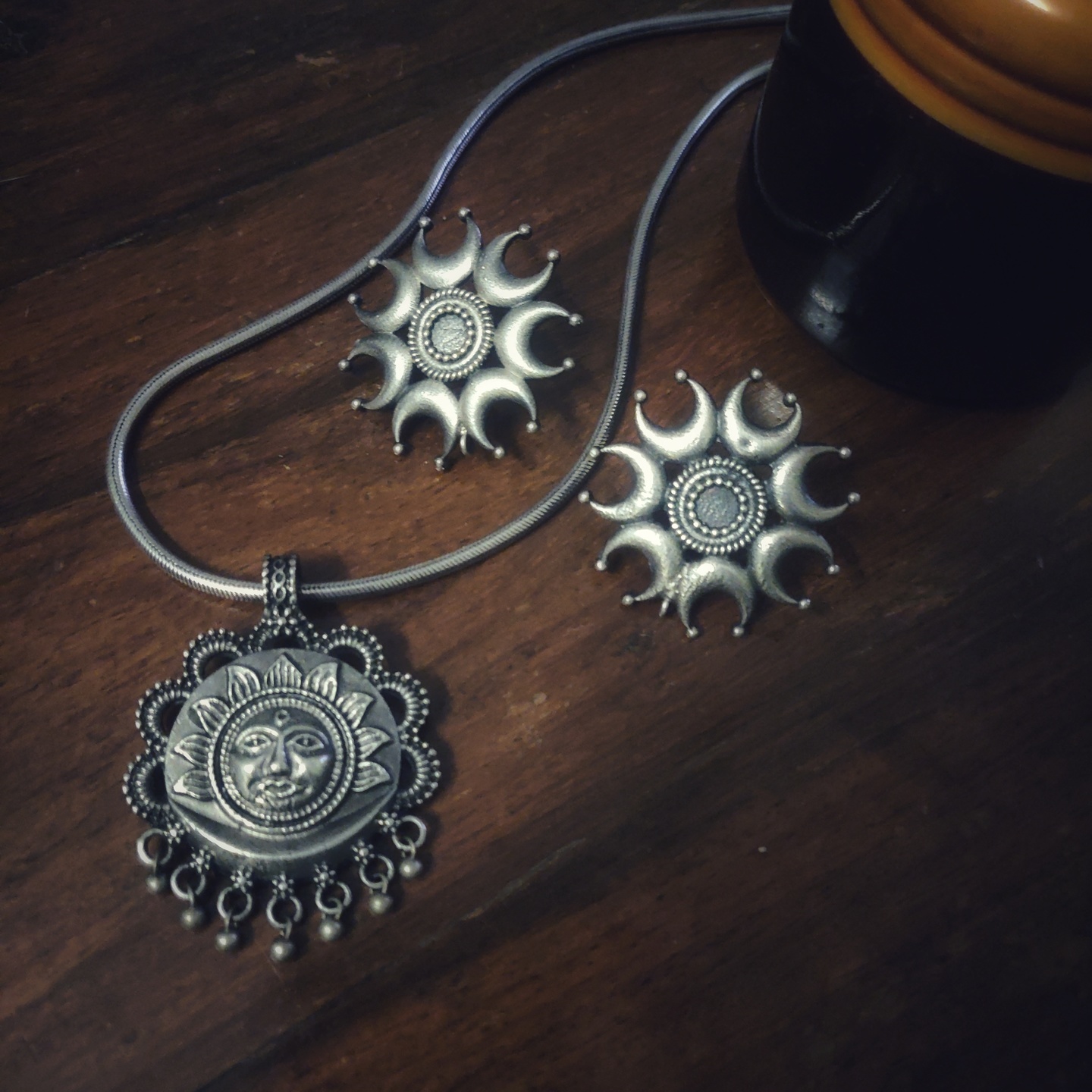 Sun Pendant On Thick Short Chain with Earstuds