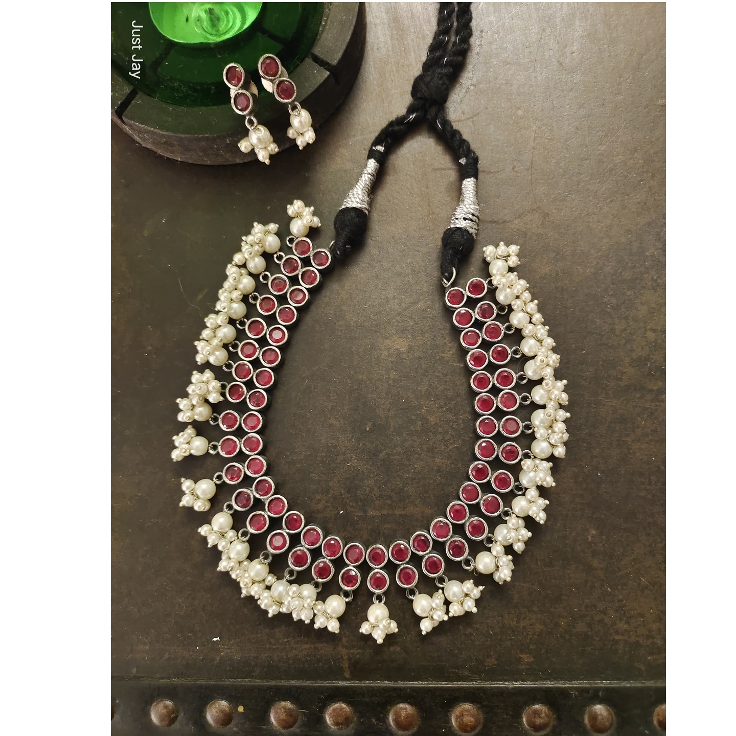 Red Stone Encrusted Necklace Set with Pearls 