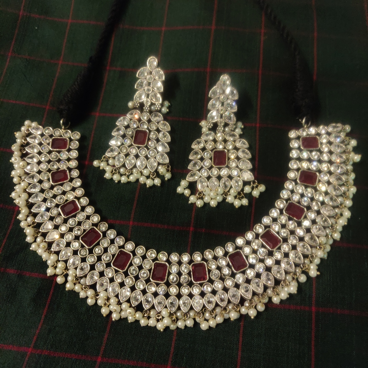 Stone Encrusted Necklace Set in Silver Tone