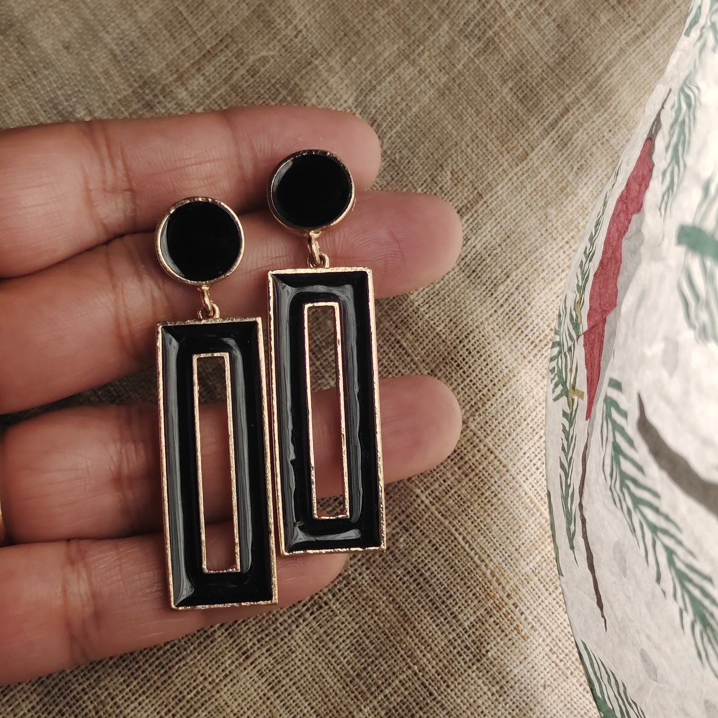 Long Black Earrings with Gold Rim