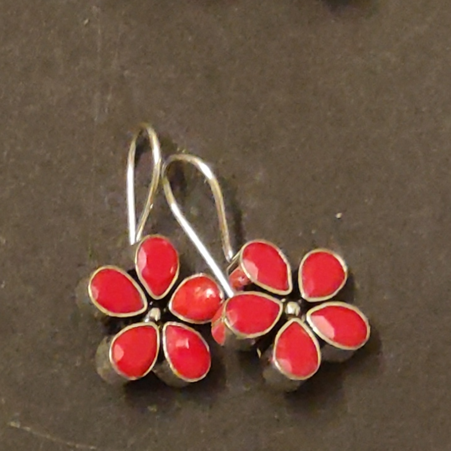 Bright Red Eardrops in Silver Tone