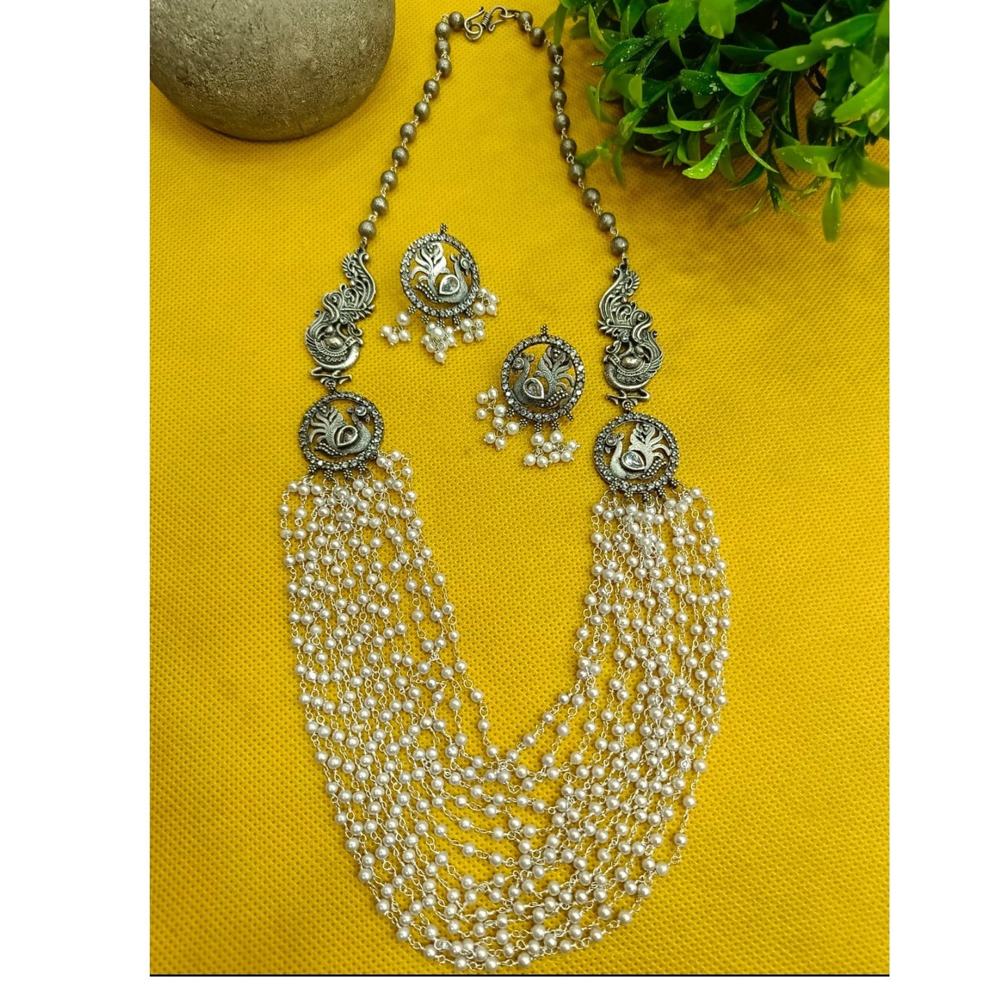 Layered Pearl Necklace Set in Silver Replica