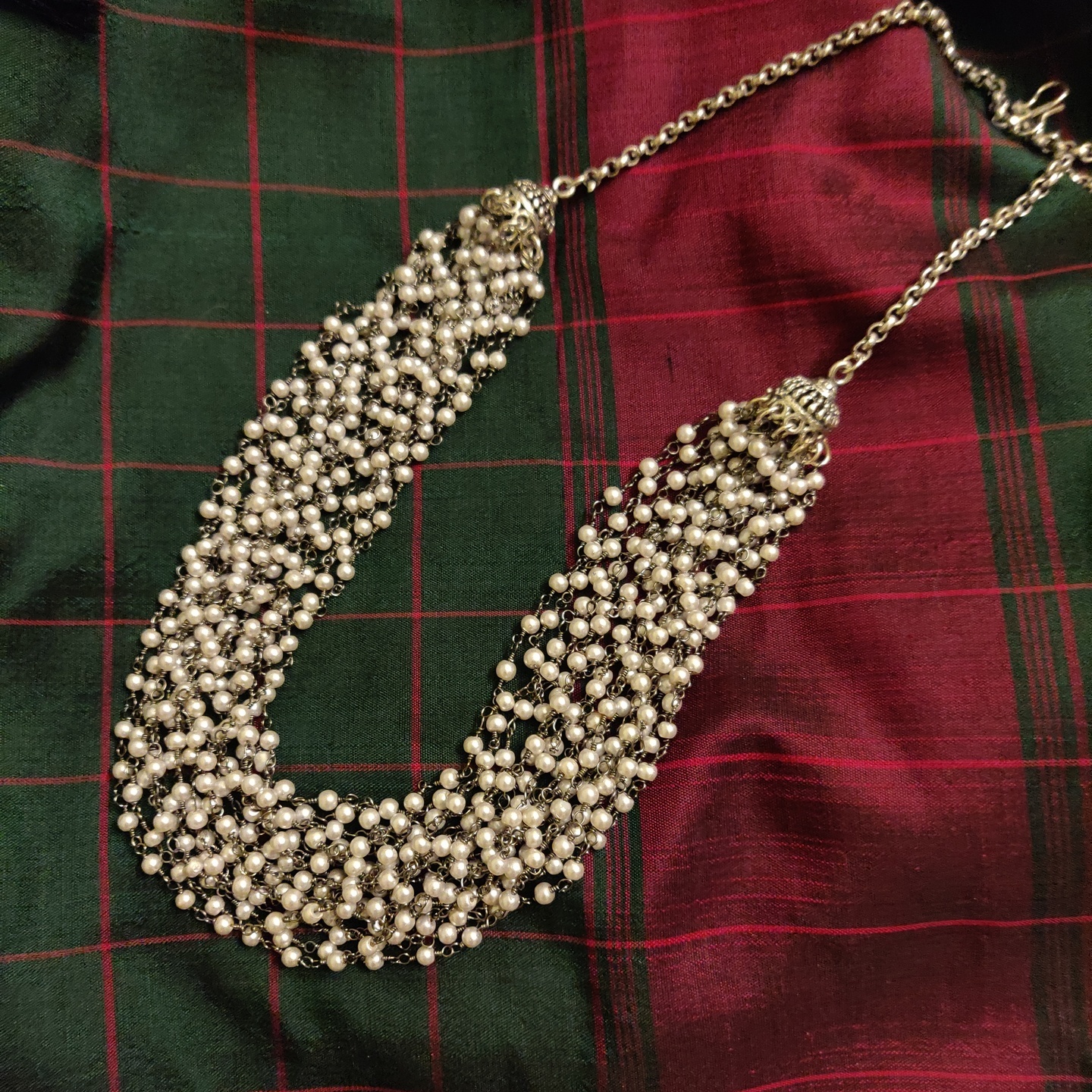 Silver Look Necklace with Pearl Strings