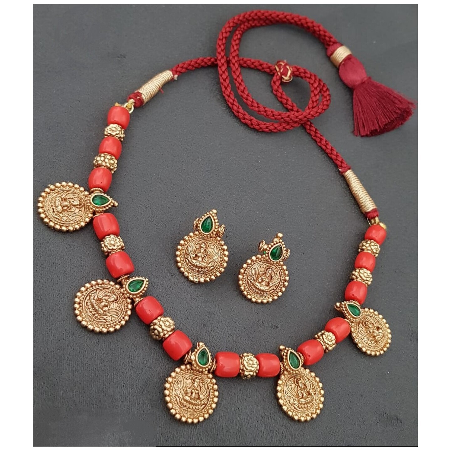 Coral Necklace with Lakshmi Pendants