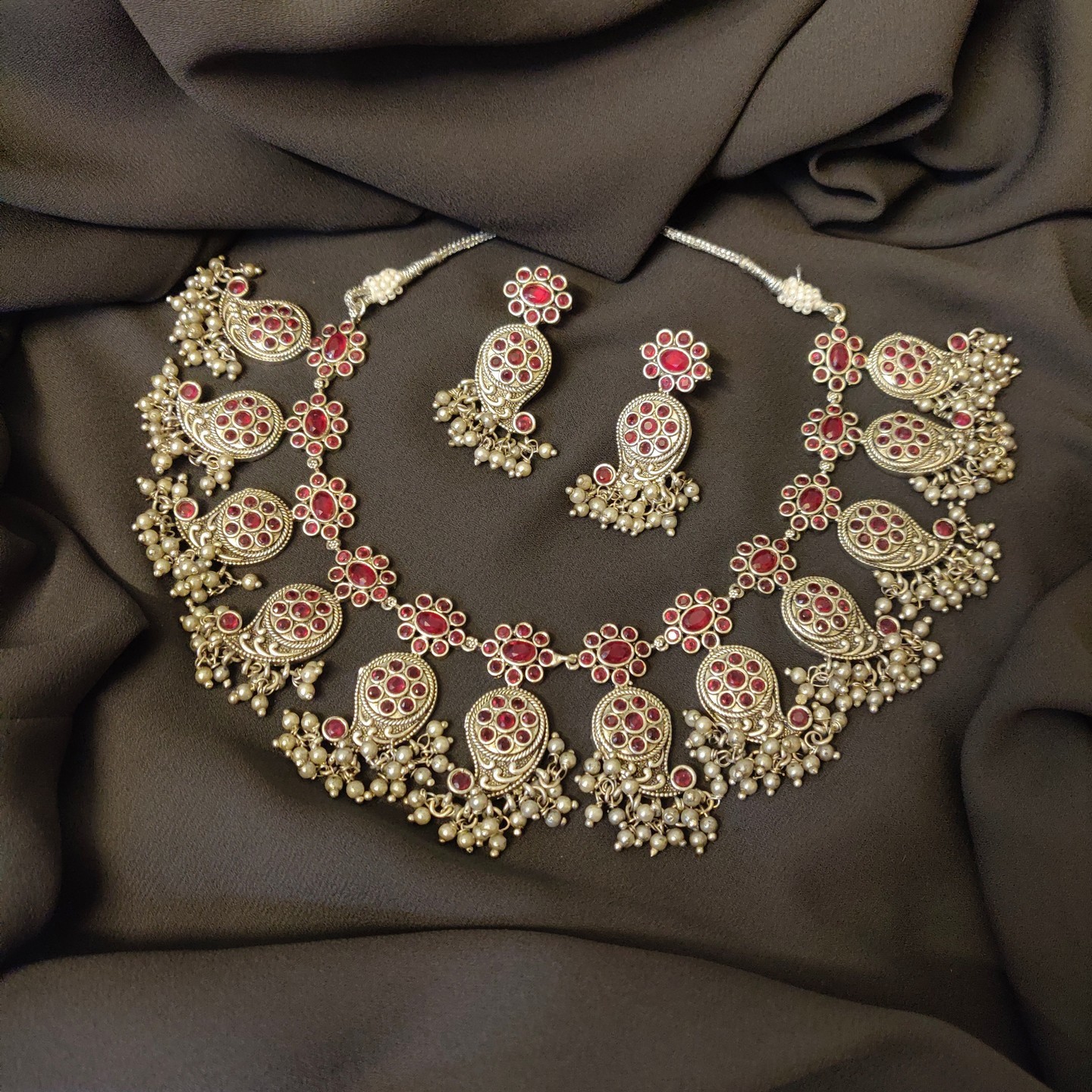 Flower Necklace with Paisley Drops & Pearl Clusters