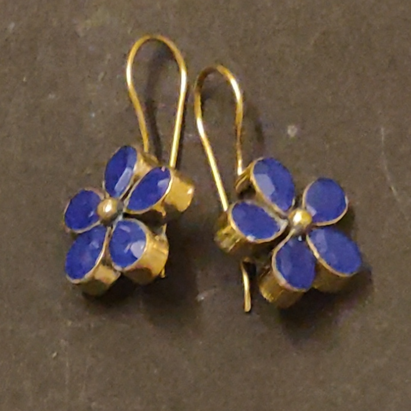 Blue Eardrops in Brass Tone
