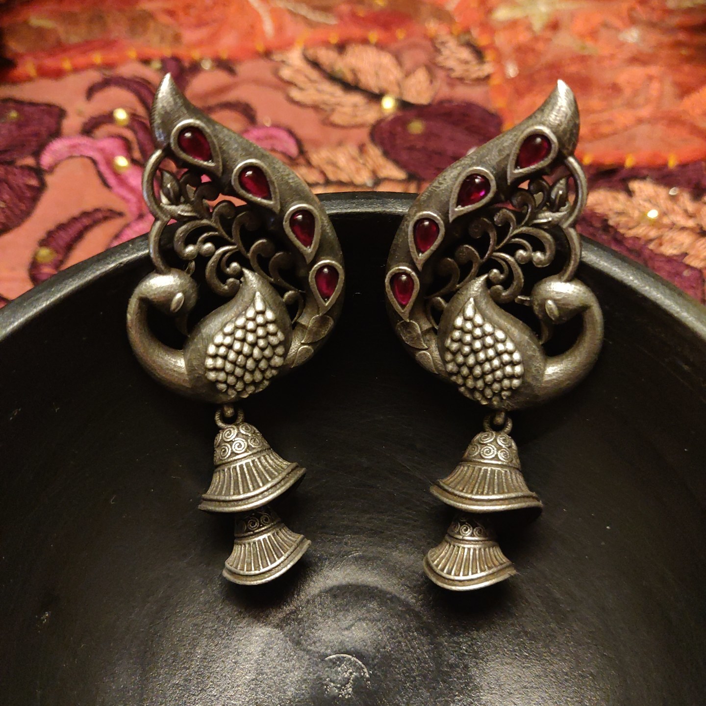 Peacock Danglers in Silver Replica