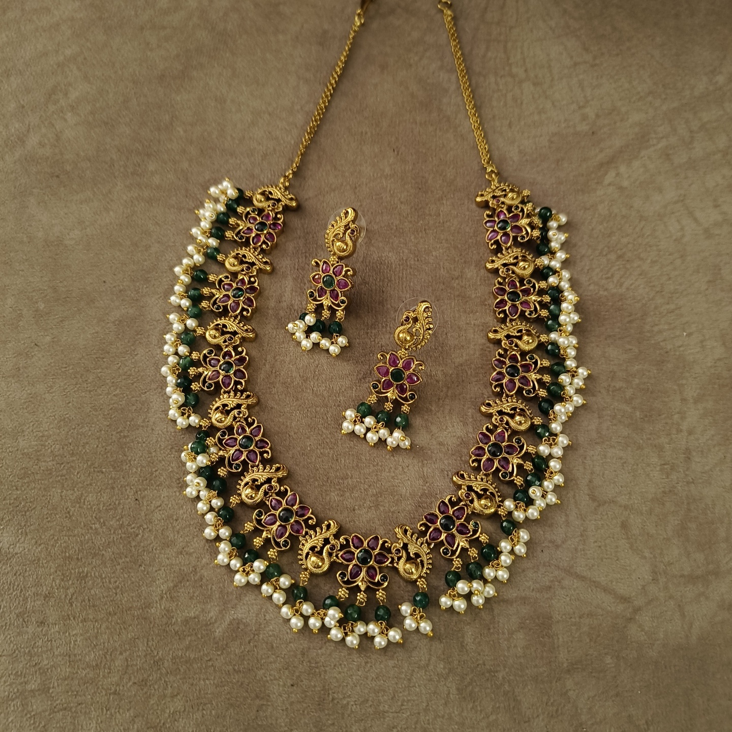 Peacock Necklace with Pearl Clusters