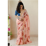 Handblocked printed handloom linen by linen saree with goldsilver zari border