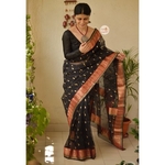 Handwoven chanderi silk saree with gold jari woven border and jari bootis motifs.