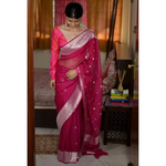 Handwoven kadwa chiffon banarasi saree with silver jari.