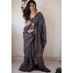 Handloom tussar silk saree in natural dyed handblock ajrak print.