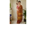 Handblock printed and handmade natural dyed crepe silk Ajrakh saree.