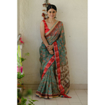 Kota silk saree in natural dyed handblock print with organza silkchiffon silk patch work border.