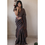 Handloom tussar silk saree in natural dyed handblock ajrak print.