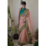 Handwoven Chanderi silk saree with meena bootis motif and border.
