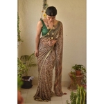 Hand block print natural dye handwoven chiffon saree.