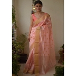 Handwoven Chanderi pattu silk saree with jari border