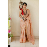 Handblocked printed handloom linen by linen saree with goldsilver zari border