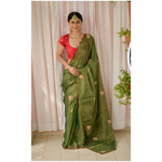 Handloom handembroidered chanderi tissue silk saree enhanced with resham thread scallops.