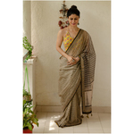 Hand block printed and natural dyed kota doria saree with natural dyed Ajrakh patch work border and tassel.