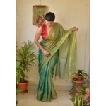 Handwoven metallic linen saree with silver golden jari bootis