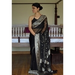 Handwoven chiffon banarasi saree with handwoven silver jari motifs.
