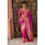 Handloom kadhwa moonga silk banarasi saree with silver gold jari motifs.