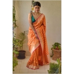 Handwoven katan silk banarasi saree with handwoven motifs.