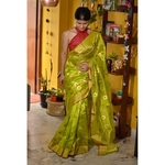 Handwoven Chanderi pattu silk saree with jari and silk thread meenakari motif