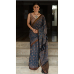 Handblock printed and handmade processed natural dyed mangalgiri cotton Ajrakh saree.
