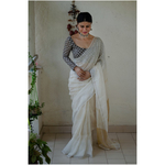 Handloom linen saree with jari stripes and border.